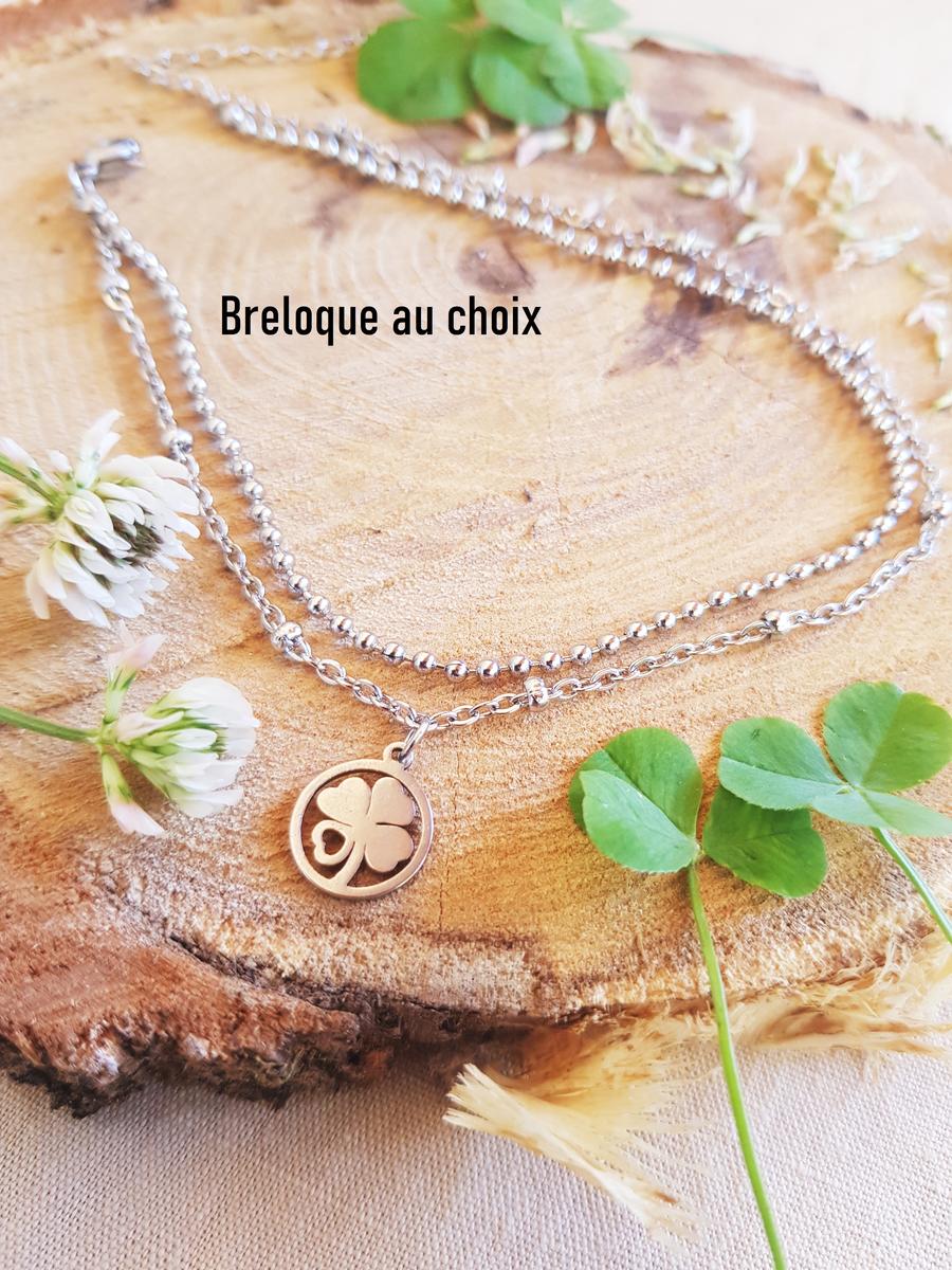 Chaîne de cheville inox personnalisable fait main - double chaîne et trèfle porte-bonheur. Calino Crea