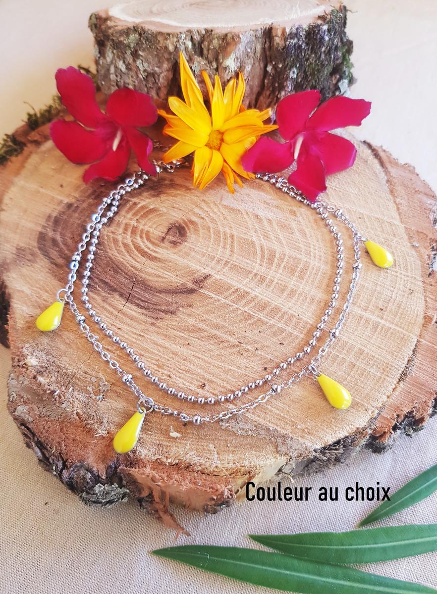 Chaîne de cheville inox personnalisable fait main - double chaîne et sequins émaillés jaunes. Calino Crea