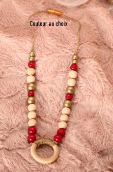 Collier d'allaitement et de portage personnalisable fait main - perles en bois naturel, rouge et doré avec anneau. Calino Crea