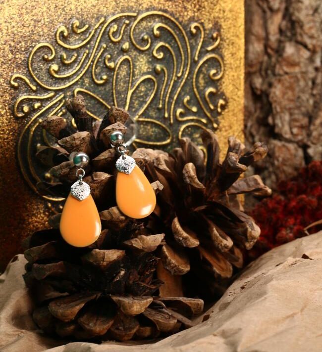 Boucles d'oreilles inox - Sequin pailleté et sequin émaillé goutte orange