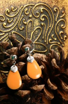 Boucles d'oreilles inox - Sequin pailleté et sequin émaillé goutte orange