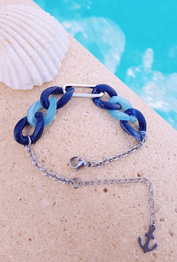 Bracelet inox personnalisable fait main - chaîne maillons camaïeu de bleu et ancre marine. Calino Crea