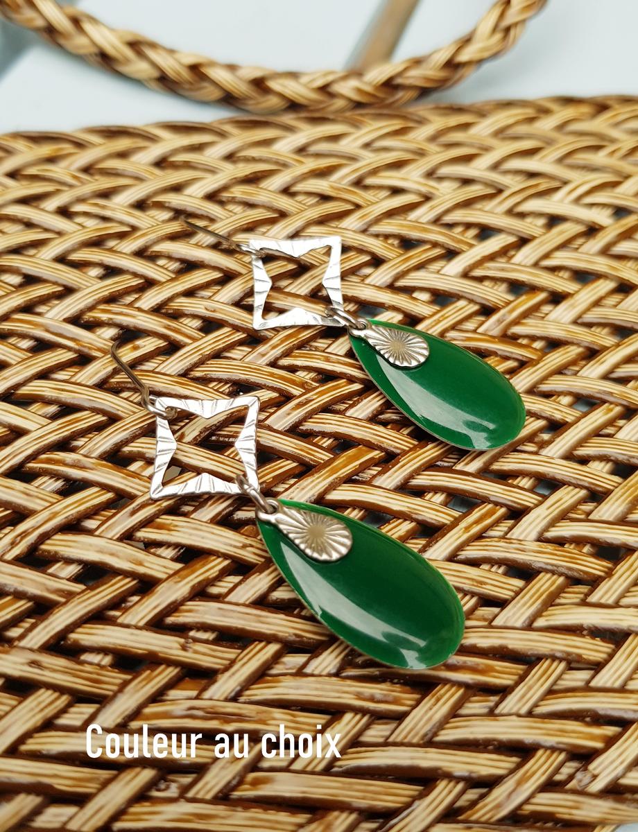 Boucles d'oreilles inox personnalisables - Losange argenté et sequin émaillé goutte vert sapin