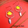 Boucles d'oreilles inox personnalisables - Hexagone argenté et éventail émaillé jaune