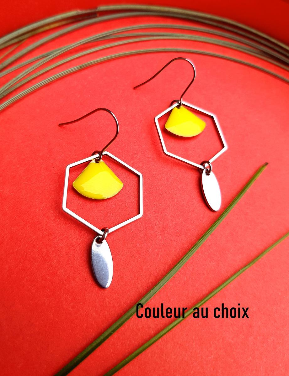 Boucles d'oreilles inox personnalisables - Hexagone argenté et éventail émaillé jaune