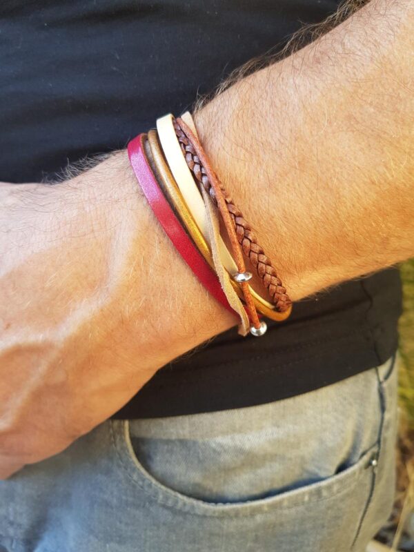 Bracelet homme multi-rangs artisanal cuir et inox - Rouge-marron-doré. Calino Créa