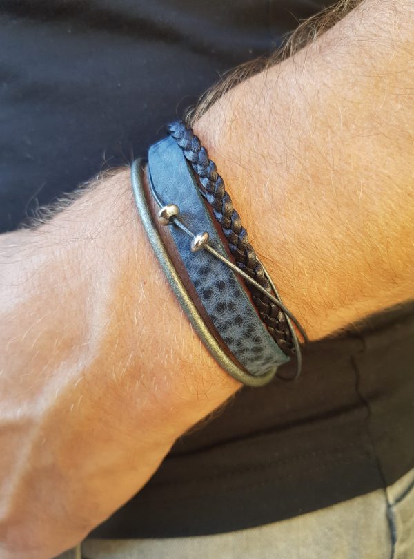 Bracelet homme multi-rangs artisanal cuir et inox - Bleu-noir-argenté. Calino Créa