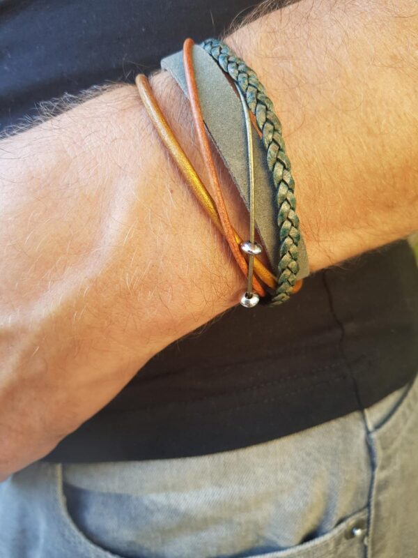 Bracelet homme multi-rangs artisanal cuir et inox - kaki-bronze-doré. Calino Créa