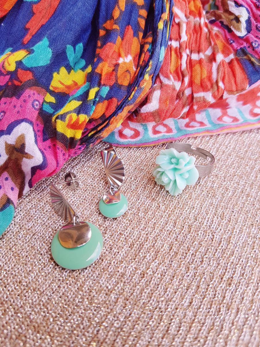 20211026_153634 Boucles d'oreilles inox asymétriques - Crochet éventail et sequins ronds argenté et menthe