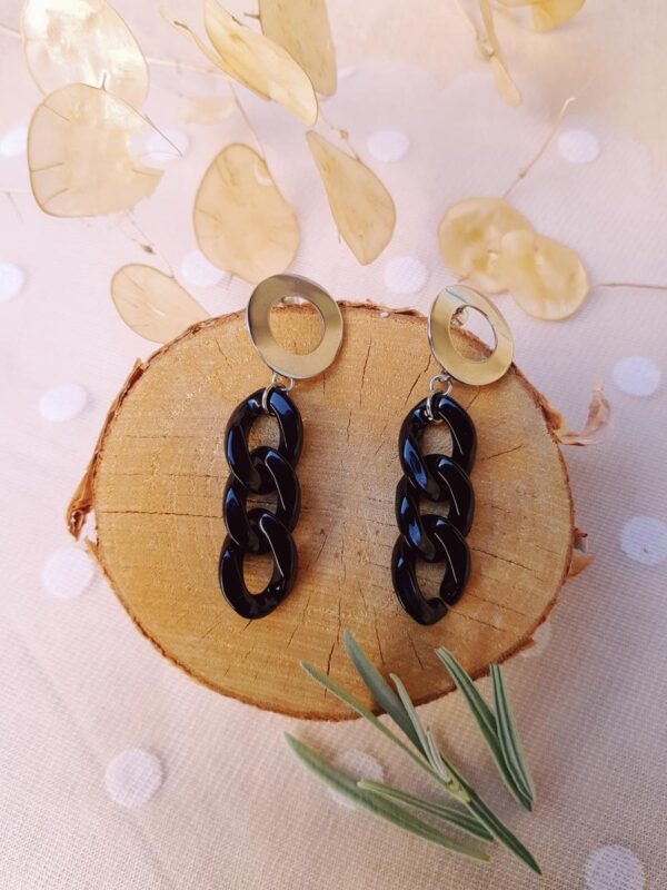 Boucles d'oreilles inox personnalisables artisanales - Puce argentée et chaîne maillons noir. Calino Créa