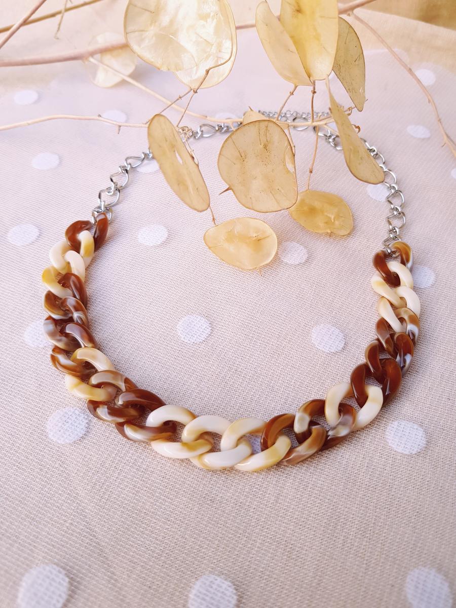 Collier inox artisanal - chaîne maillons marron, beige et argenté. Calino Créa