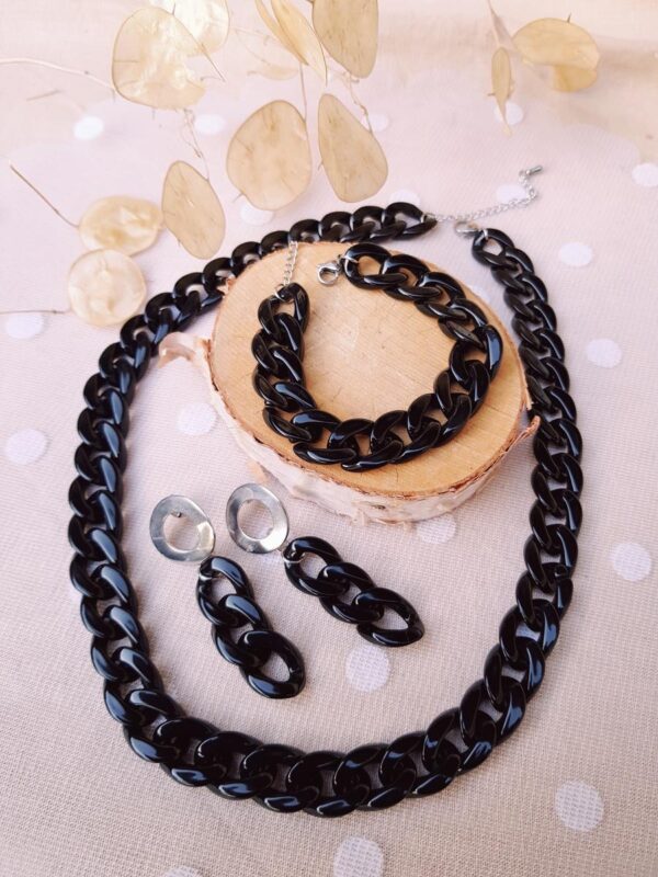 Parure inox personnalisable artisanale - argenté et chaîne maillons noir. Calino Créa