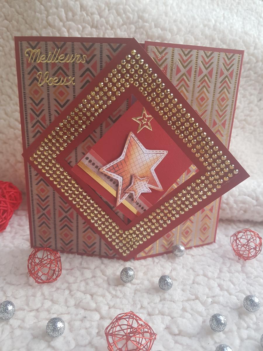 Carte artisanale “Meilleurs vœux” bordeaux et dorée à strass avec étoiles. Calino Créa Carte artisanale “Meilleurs vœux” bordeaux et dorée à strass avec étoiles. Calino Créa