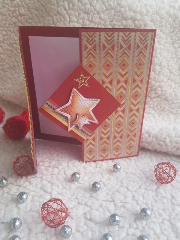 Carte artisanale “Meilleurs vœux” bordeaux et dorée à strass avec étoiles. Calino Créa