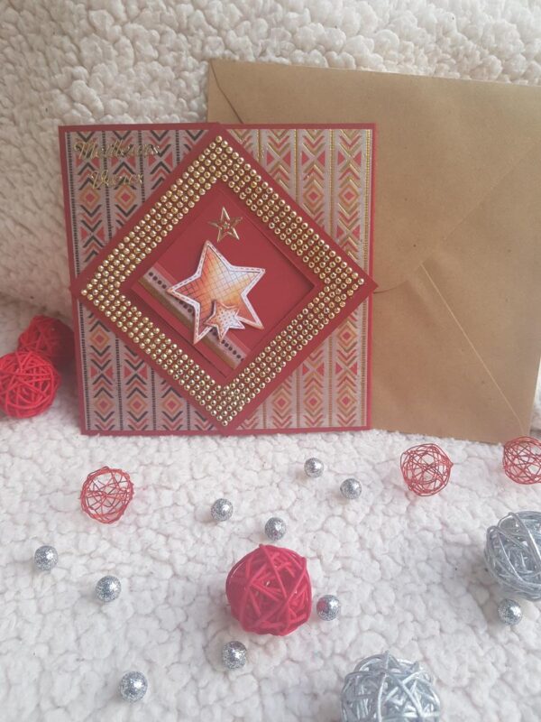 Carte artisanale “Meilleurs vœux” bordeaux et dorée à strass avec étoiles. Calino Créa