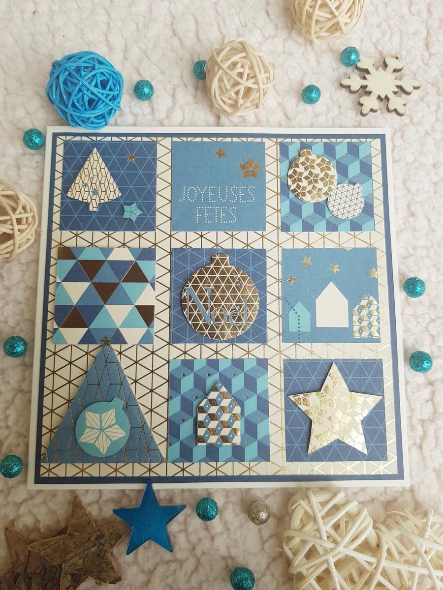 Carte artisanale “Joyeuses Fêtes” dans les tons de bleu et doré. Calino Créa Carte artisanale “Joyeuses Fêtes” dans les tons de bleu et doré. Calino Créa