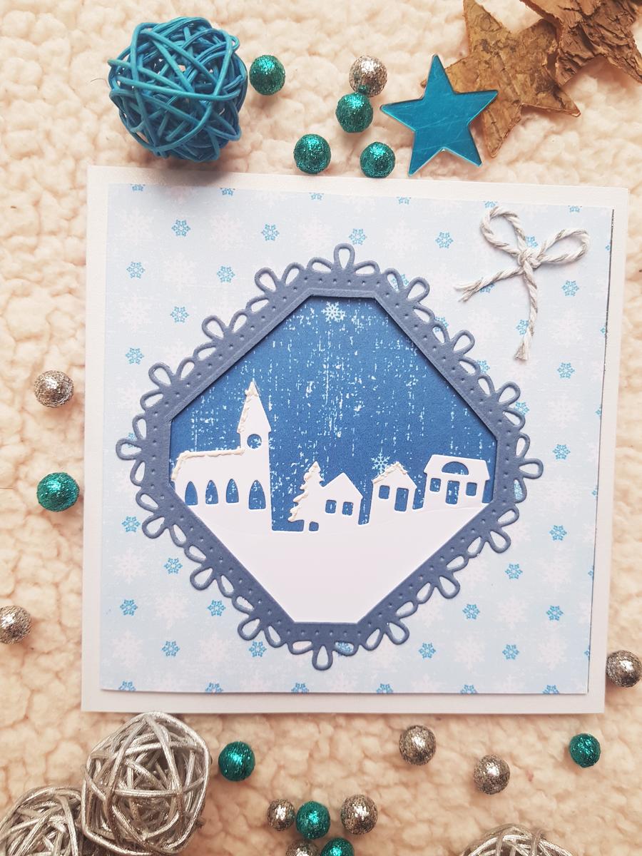 Carte artisanale “Meilleurs vœux” blanche et bleue avec paysage enneigé. Calino Créa Carte artisanale “Meilleurs vœux” blanche et bleue avec paysage enneigé. Calino Créa