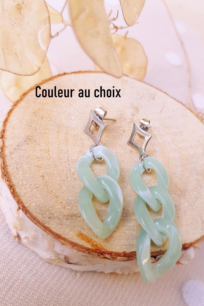 Boucles d'oreilles artisanales inox personnalisables asymétriques - Puce argentée et chaîne maillons vert clair. Calino Créa Boucles d'oreilles artisanales inox personnalisables asymétriques - Puce argentée et chaîne maillons vert clair. Calino Créa