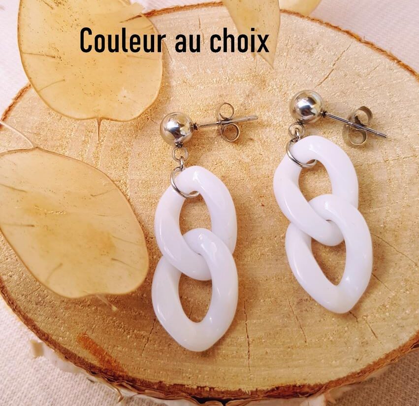 Boucles d'oreilles inox personnalisables artisanales - Puce argentée et chaîne maillons blanc. Calino Créa