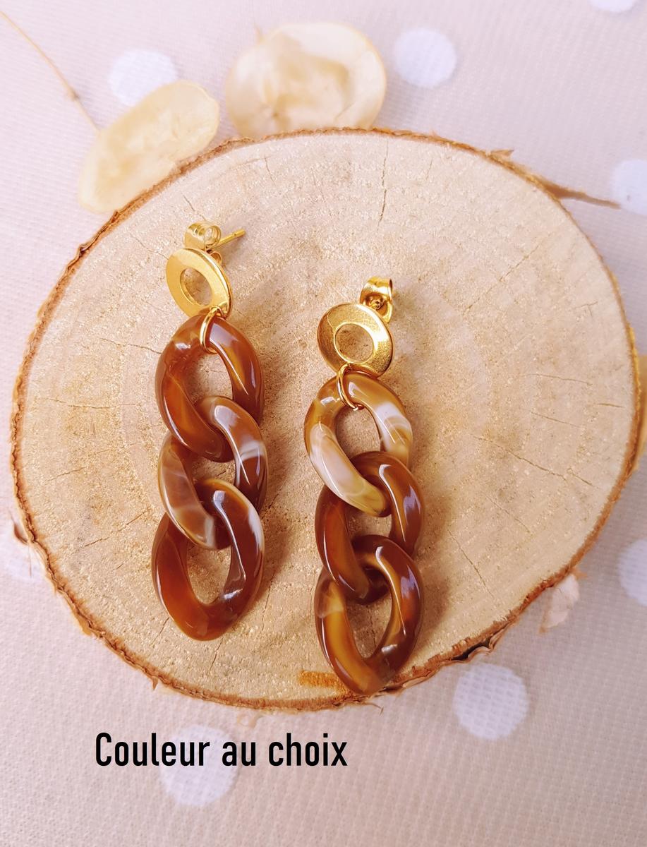 Boucles d'oreilles inox personnalisables artisanales - Puce dorée et chaîne maillons marron. Calino Créa