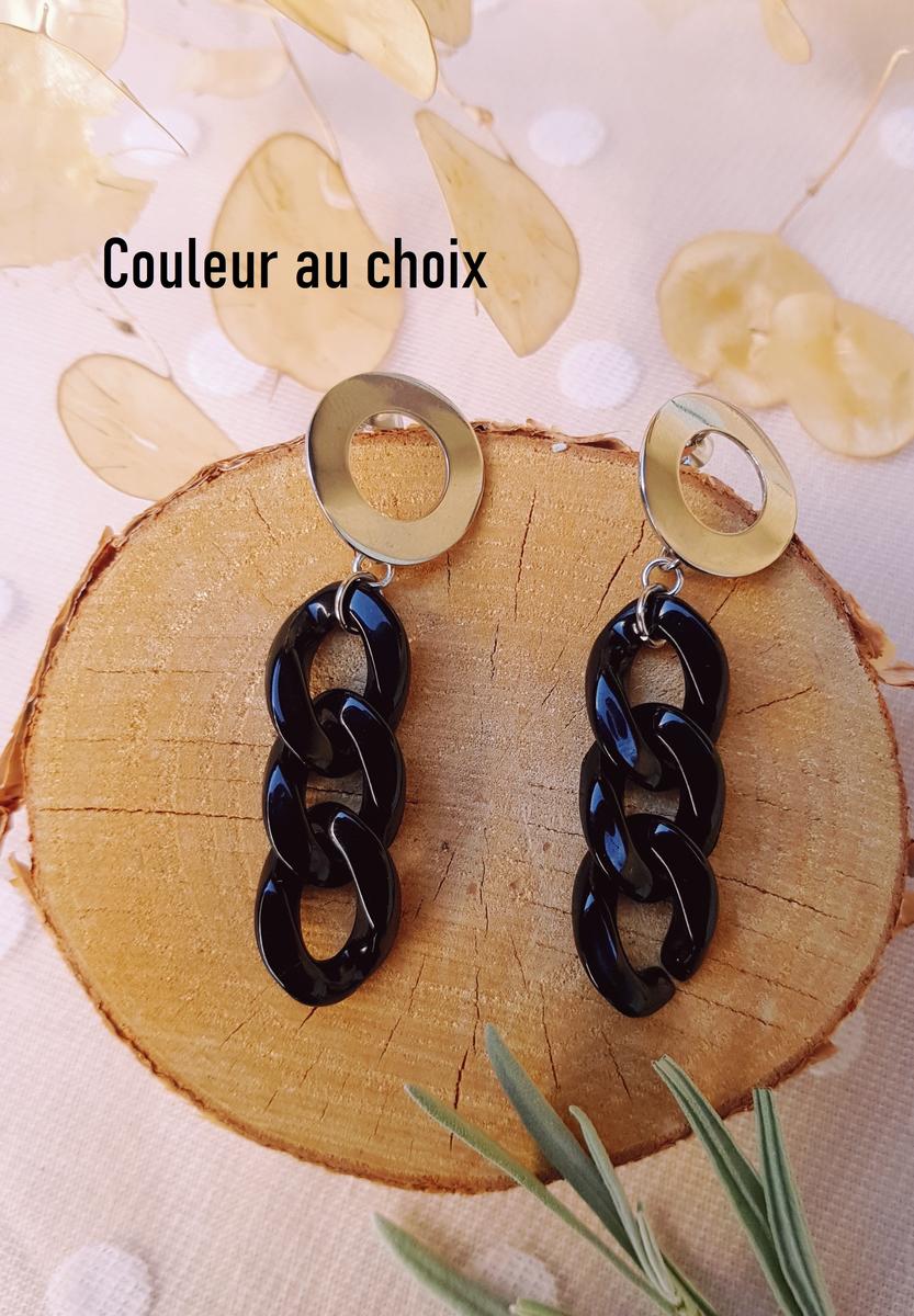 Boucles d'oreilles inox personnalisables artisanales - Puce argentée et chaîne maillons noir. Calino Créa