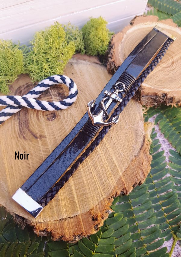 Bracelet inox personnalisable artisanal - Cuir 3 rangs et ancre marine argentée - Noir. Calino Créa