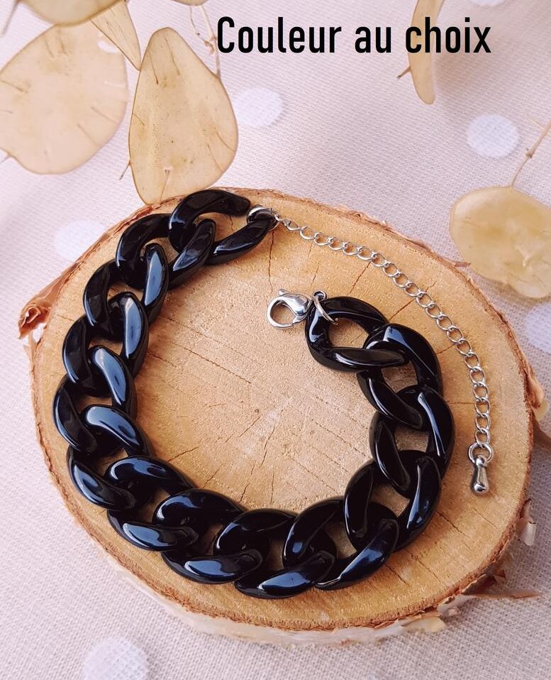 Bracelet inox personnalisable artisanal - chaîne acrylique maillons noir. Calino Créa
