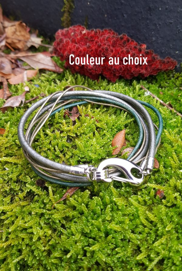 Bracelet inox personnalisable artisanal double tour - Cuir multi-lacets et fermoir mousqueton argenté . Calino Créa