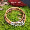 Bracelet inox personnalisable artisanal double tour - Cuir multi-lacets et fermoir mousqueton argenté- naturel-noir. Calino Créa