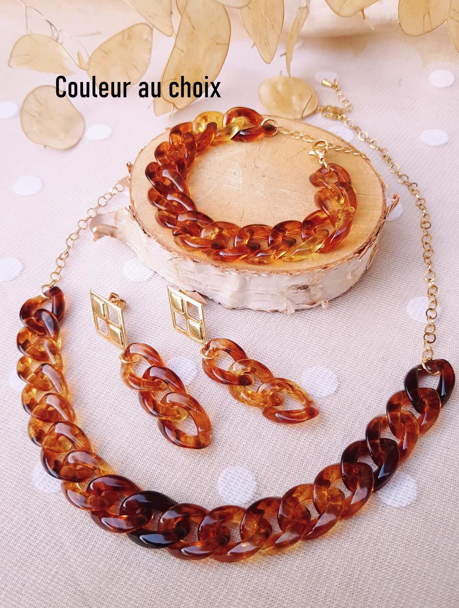 Parure [Collier, bracelet, BO] inox personnalisable artisanale - chaîne maillons caramel et doré. Calino Créa