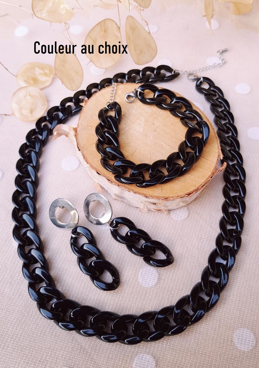 Parure [Collier, bracelet, BO] inox personnalisable artisanale - chaîne maillons noirs et argenté. Calino Créa