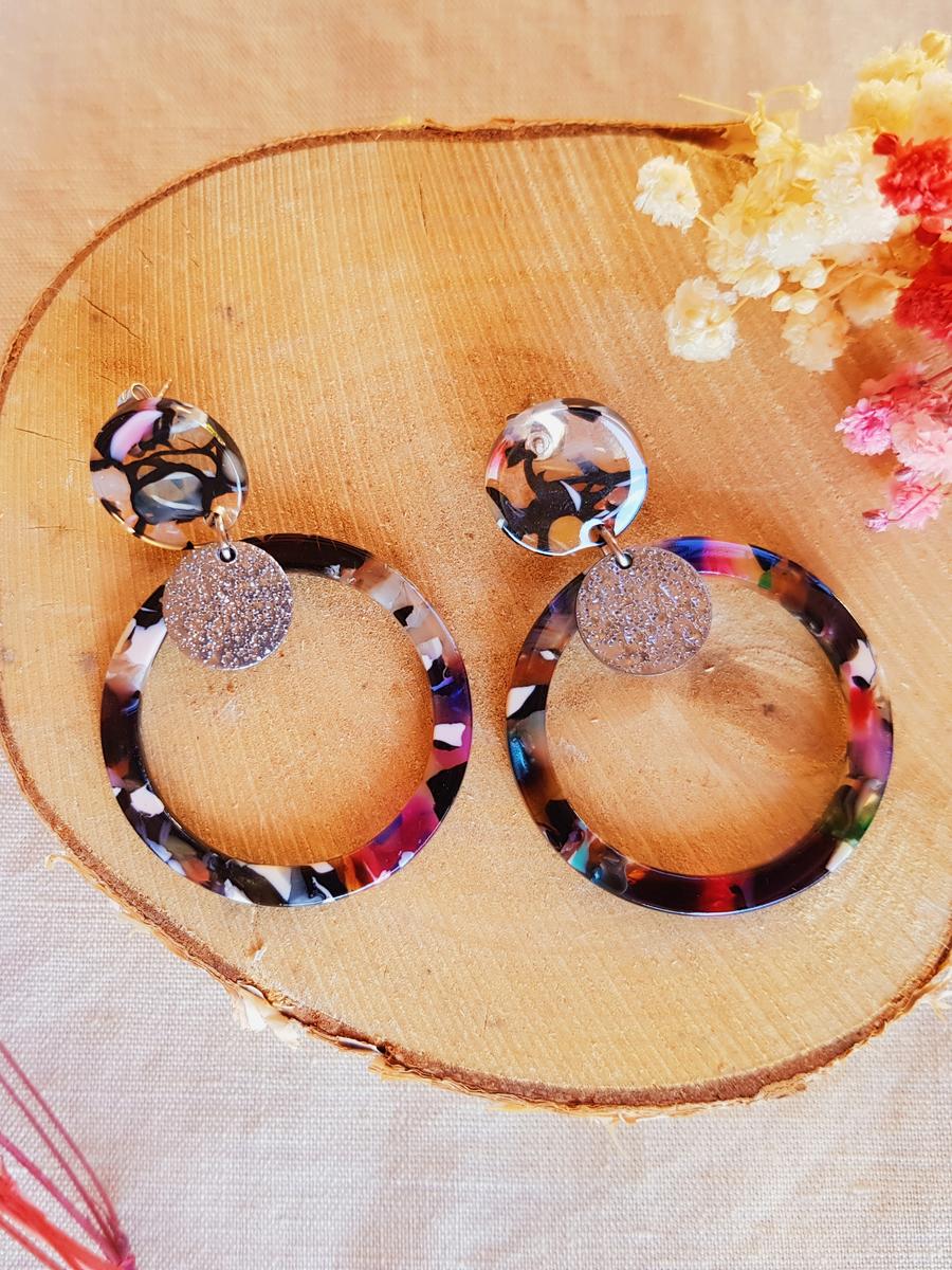 Boucles d'oreilles inox - Clou et créole Noir-Rose-Marron. Calino Créa Boucles d'oreilles inox - Clou et créole Noir-Rose-Marron. Calino Créa