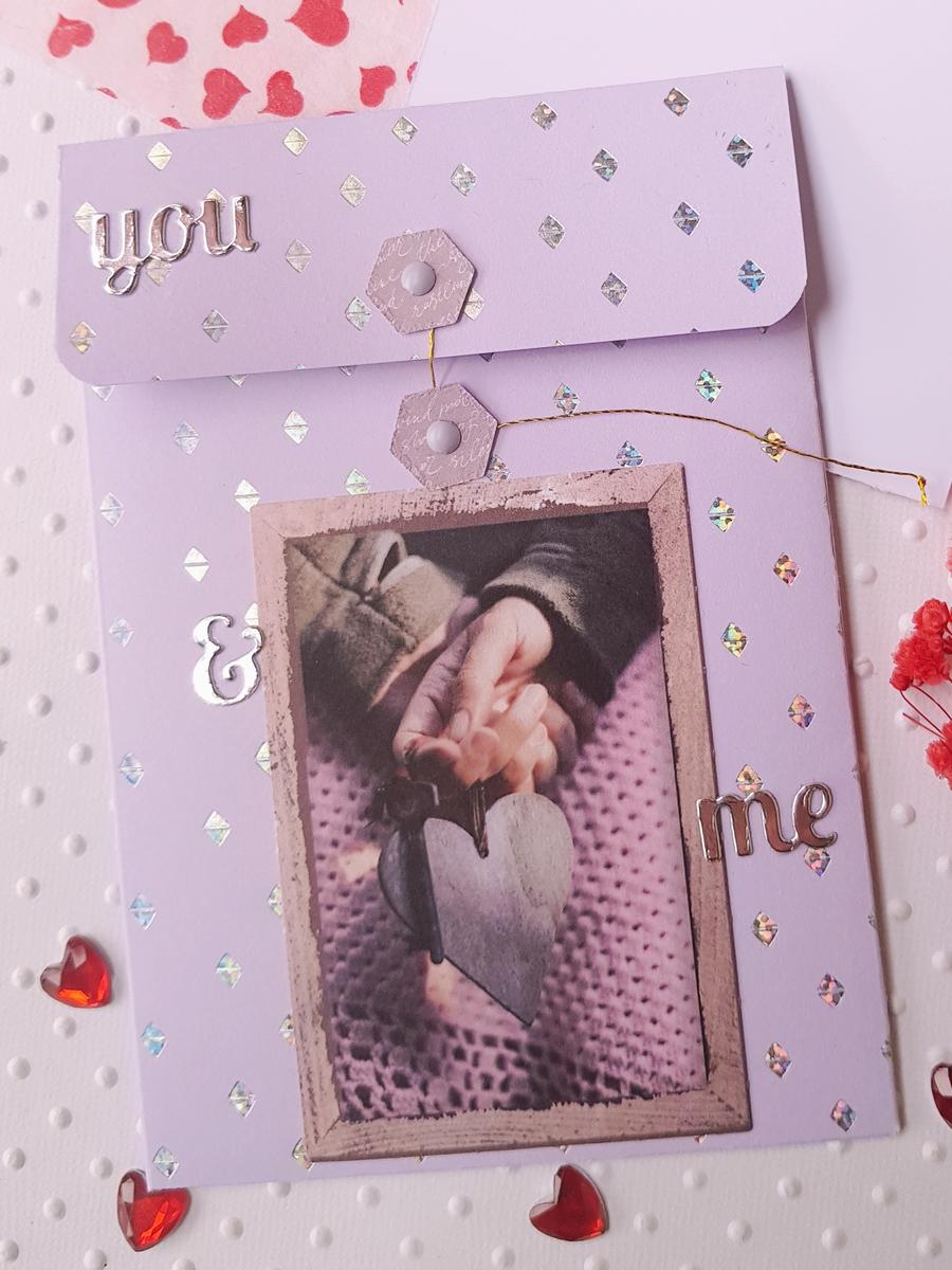 Pochette cadeaux / Carte artisanale - Coeur et clé "You and me" Mauve-Argenté. Calino Créa