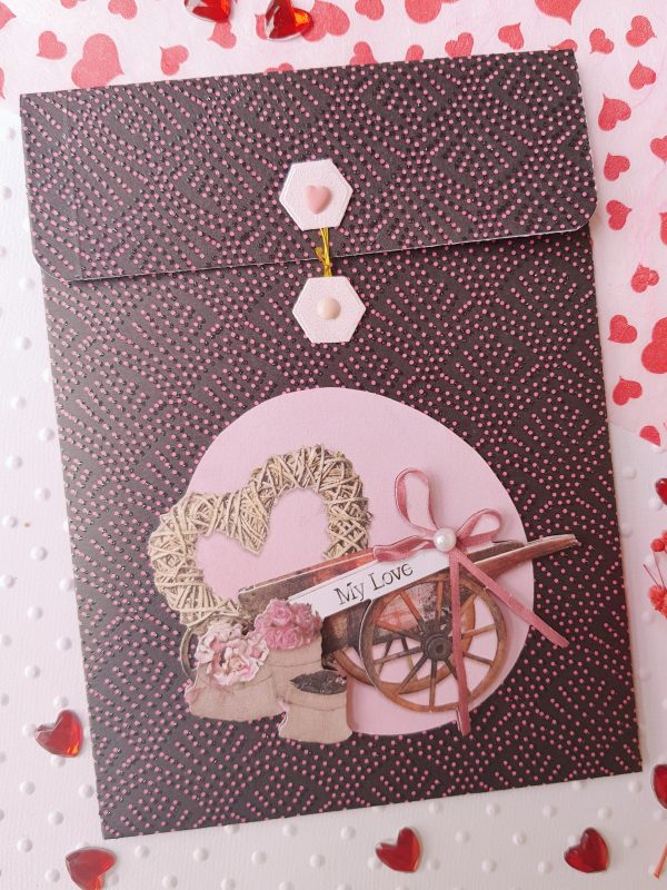 Pochette cadeaux / Carte artisanale - Cœurs et fleurs "My love" Rose-Noir. Calino Créa