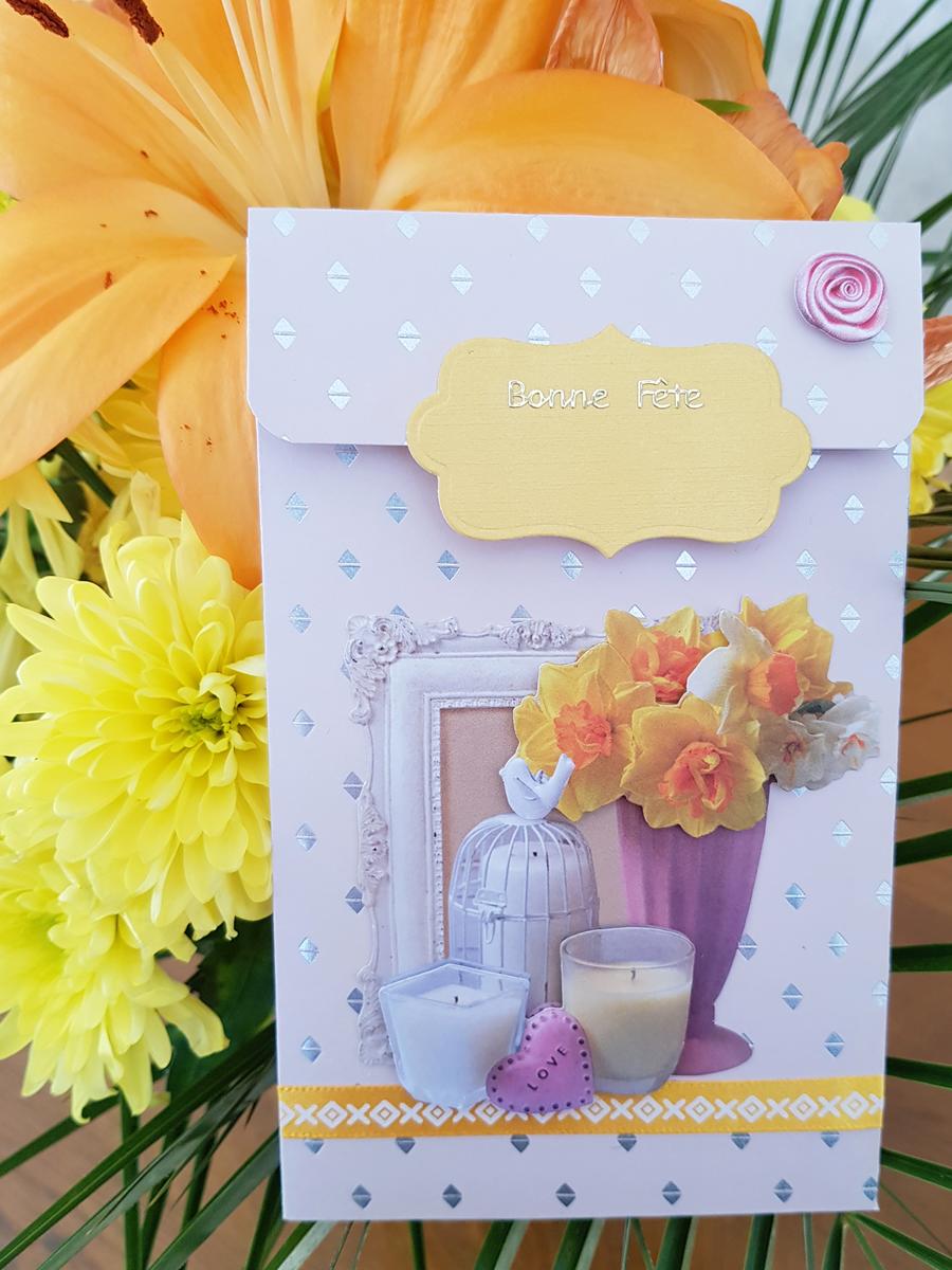Pochette cadeaux / Carte - Fleurs et coeurs Rose-Jaune "Bonne Fête"