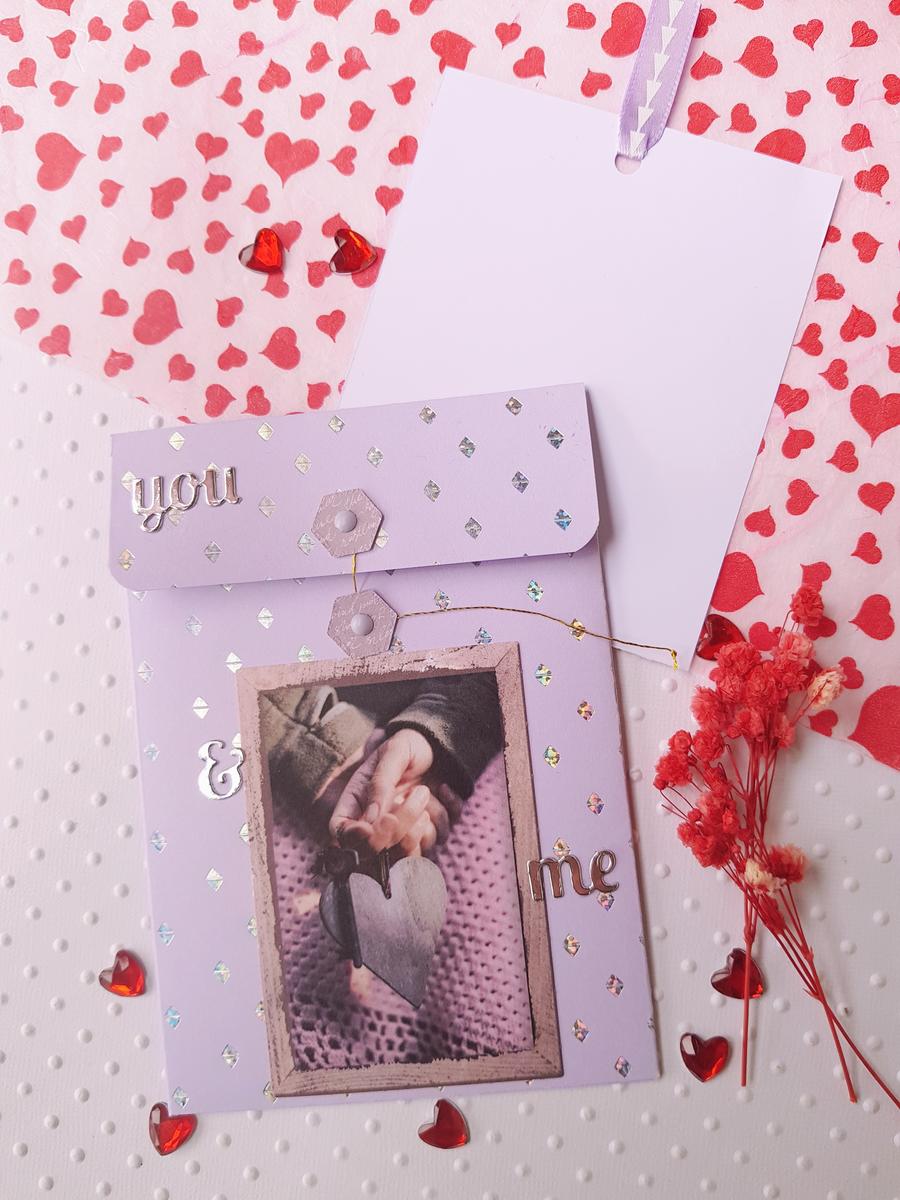 Pochette cadeaux / Carte artisanale - Coeur et clé "You and me" Mauve-Argenté. Calino Créa