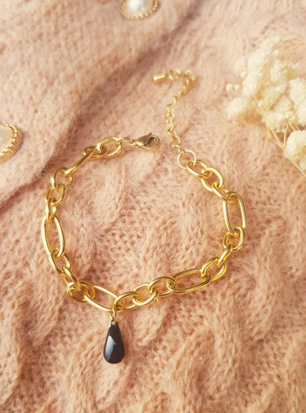 Bracelet inox personnalisable artisanale - Chaîne irrégulière dorée et sequin émaillé goutte. Calino Créa