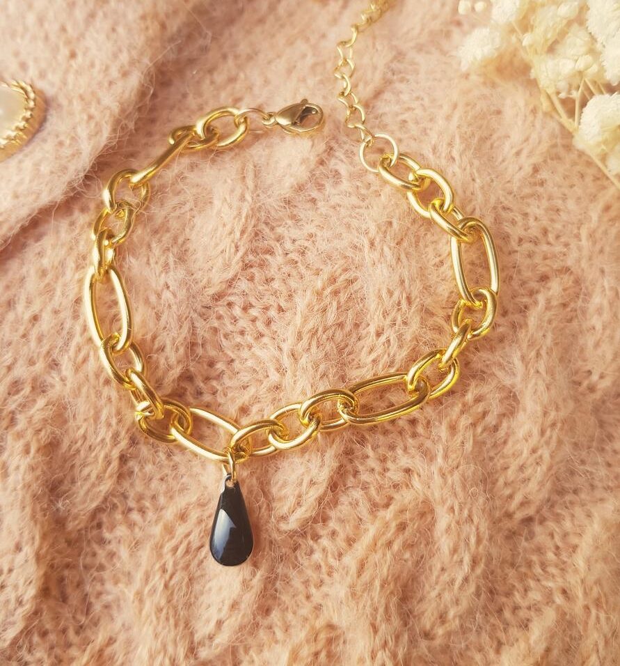 Bracelet inox personnalisable artisanale - Chaîne irrégulière dorée et sequin émaillé goutte. Calino Créa