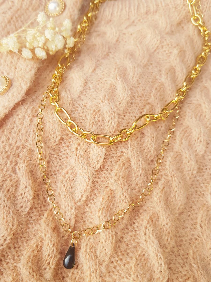 Collier inox personnalisable artisanal double-rangs - Chaîne irrégulière dorée et sequin émaillé goutte. Calino Créa
