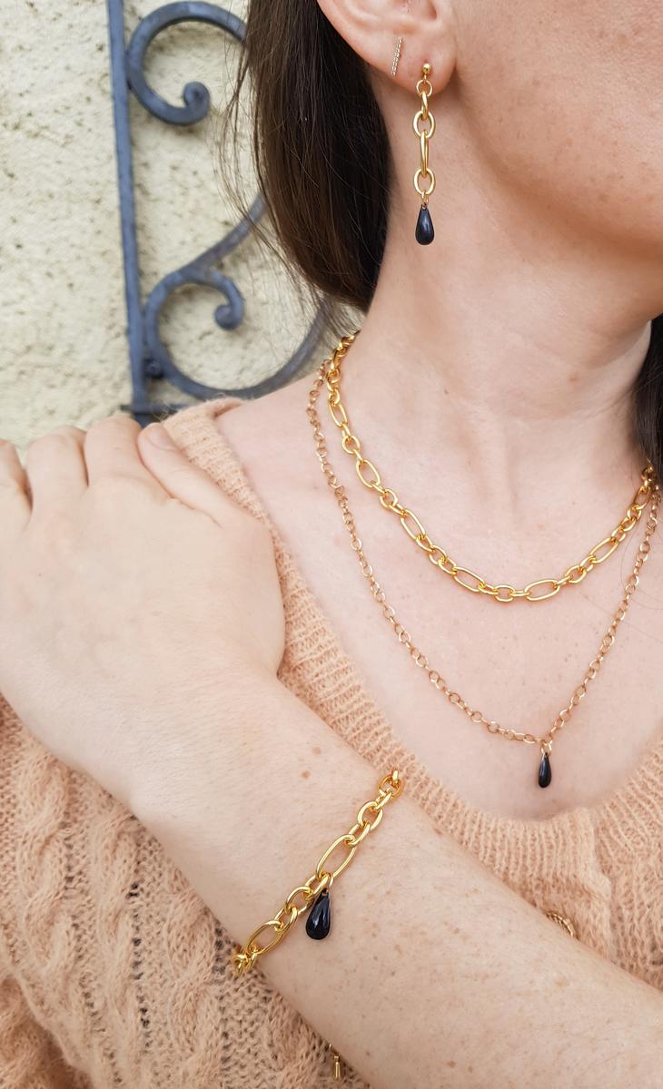 Parure inox personnalisable artisanale - Chaîne dorée et sequin émaillé goutte. Calino Créa