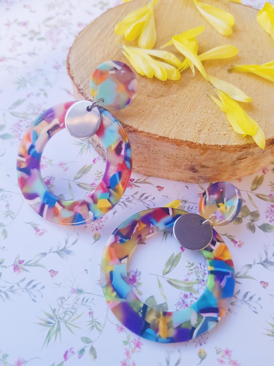 Boucles d'oreilles inox artisanales - Clou et créole multicolore. Calino Crea