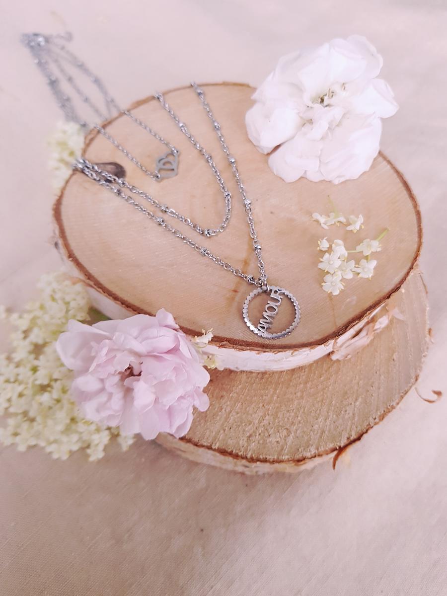 Collier triple-rang argenté artisanal - Coeur et Amour. Calino Créa