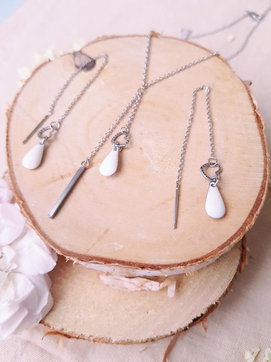 Parure [Boucles d'oreilles et collier] artisanale - Cœur, barre et goutte blanche. Calino Créa