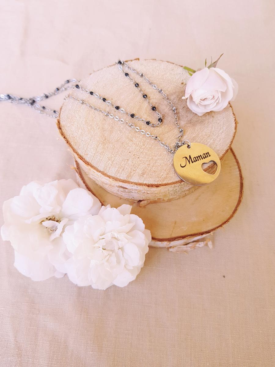 Collier double-rang artisanal- Maman argenté et noir. Calino Créa