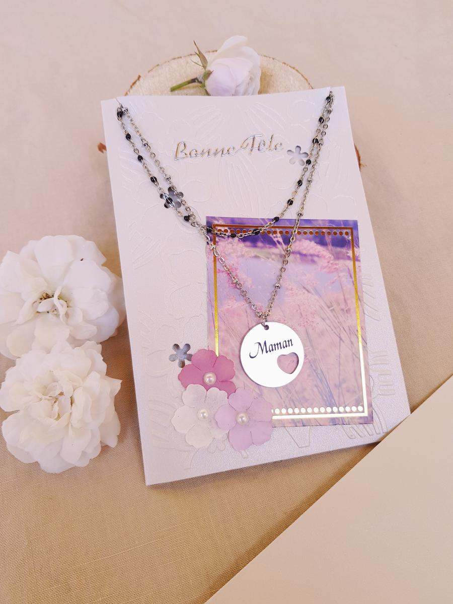 Carte à bijoux double personnalisable artisanale avec collier Maman. Calino Crea