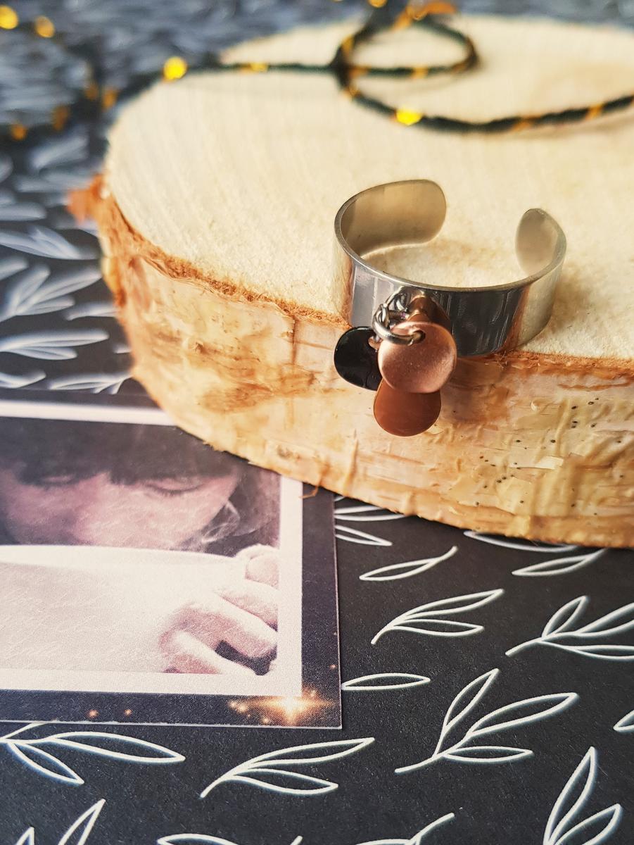 Bague inox artisanale - Pampilles dorée rose et noir et sequin émaillé marron. Calino créa