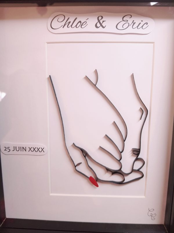 Tableau artisanal et personnalisable mains enlacées couple - noir et blanc. Calino Créa