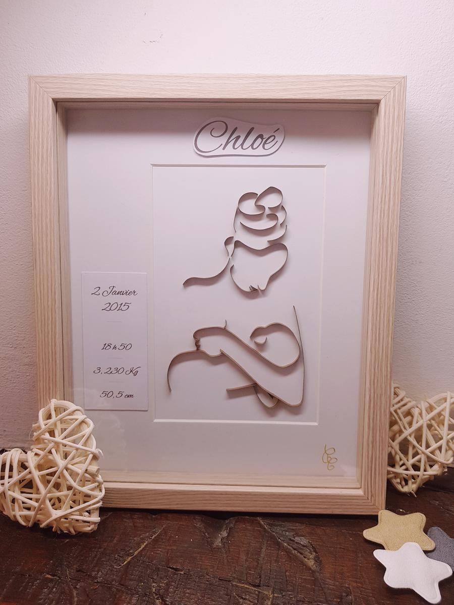 Tableau maman et bébé artisanal et personnalisable - marron et bois. Calino Créa