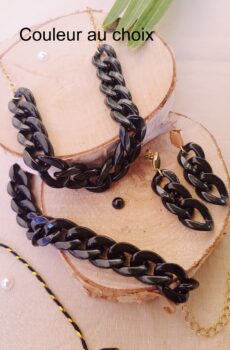 Parure [Collier, bracelet, BO] artisanale inox - chaîne maillons noirs et doré. Calino Créa