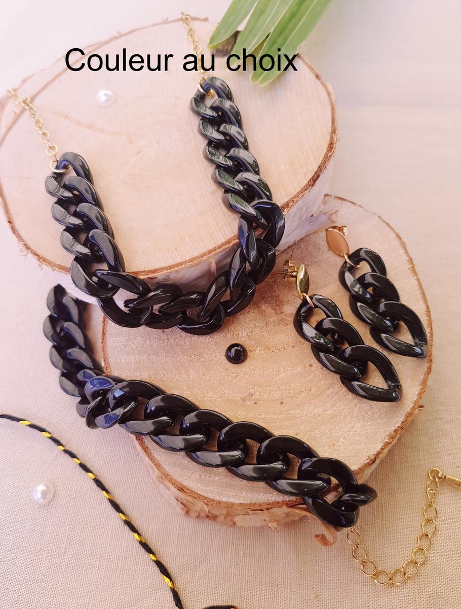 Parure [Collier, bracelet, BO] artisanale inox - chaîne maillons noirs et doré. Calino Créa